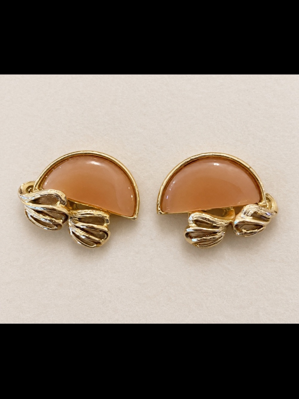 Vintage Coro Gold Tone Half Moon Peach Tan Thermoplastic Clip On Earrings